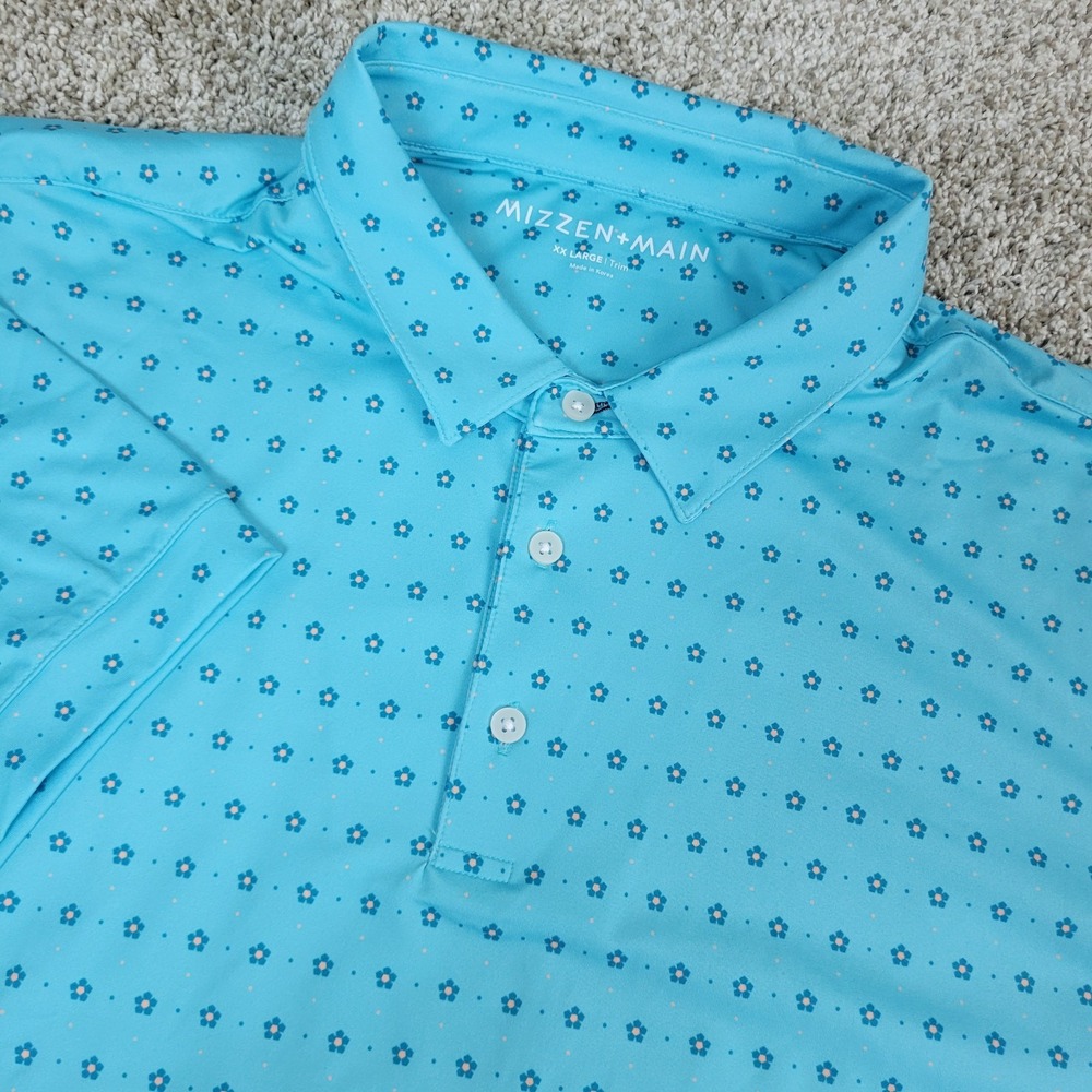 Mizzen + Main Mens‎ 2XL Blue AOP Floral Performance Stretch Polo Short Sleeve